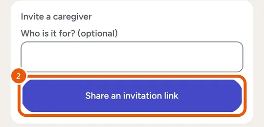 Invite a caregiver, with the Share an invitation link button
