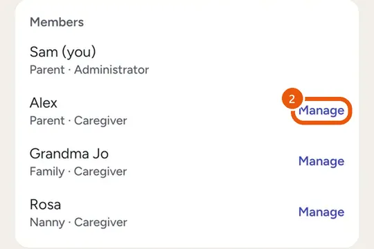 The family's members, each with a Manage link