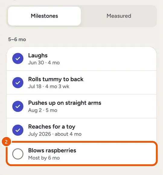 The Milestones list, with recorded firsts checked and their dates
