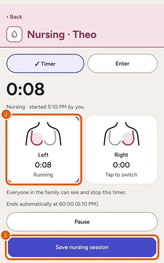 A running nursing timer with Left and Right, Pause and Save nursing session
