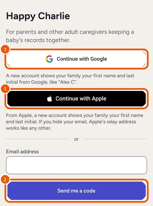 The sign-in screen with Continue with Google, Continue with Apple and an email address field