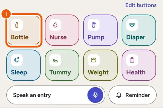 The buttons at the bottom of Today, Bottle, Nurse, Pump, Diaper, Sleep, Tummy, Weight and Health