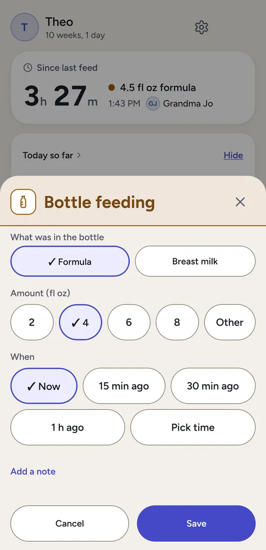 Logging a bottle: formula or breast milk, an amount in fluid ounces, and when it happened.