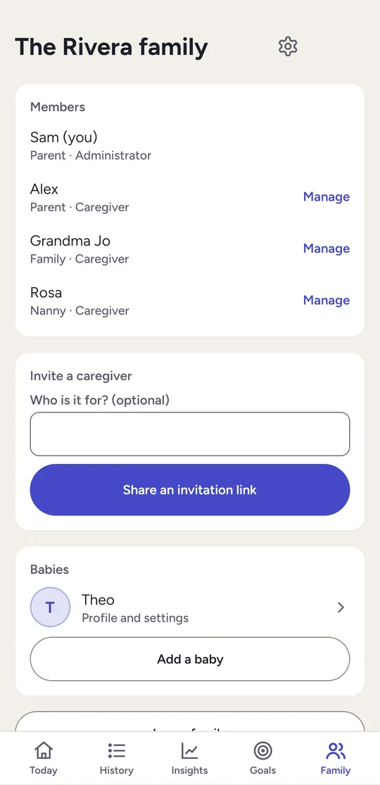 Family: Sam, administrator; Alex, Grandma Jo and Rosa, caregivers; and a button to share an invitation link.