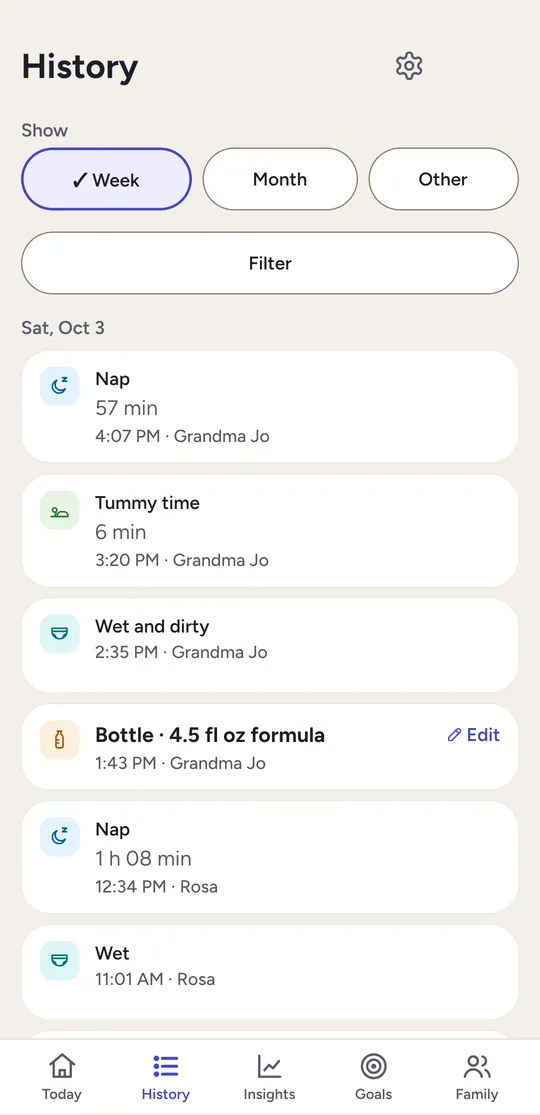 History: naps, tummy time, diapers and bottles, each with the time and who logged it.