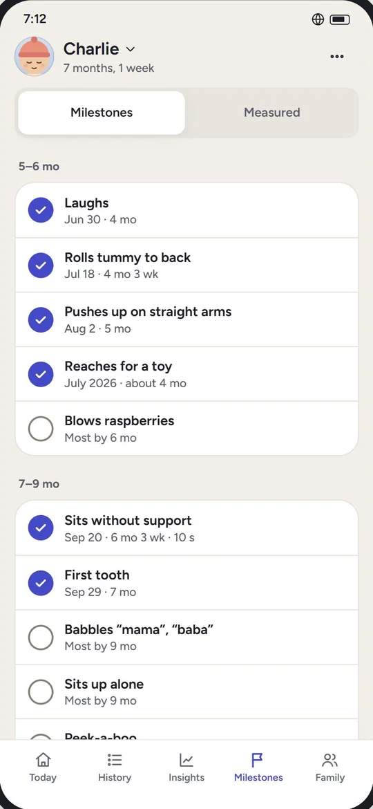 The Milestones list for a synthetic baby: Laughs, June 30; Rolls tummy to back, July 18; Pushes up on straight arms, August 2; and Blows raspberries, not recorded yet, with the age most babies do it by.