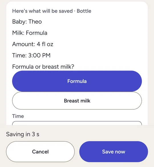 Here's what will be saved: a bottle for Theo, formula, 4 fl oz, at 3:00 PM, with Cancel and Save now buttons and a countdown.