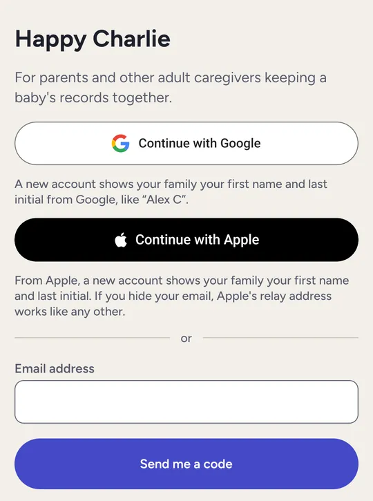 The phone sign-in screen: Continue with Google, Continue with Apple, or an email address for a one-time code.