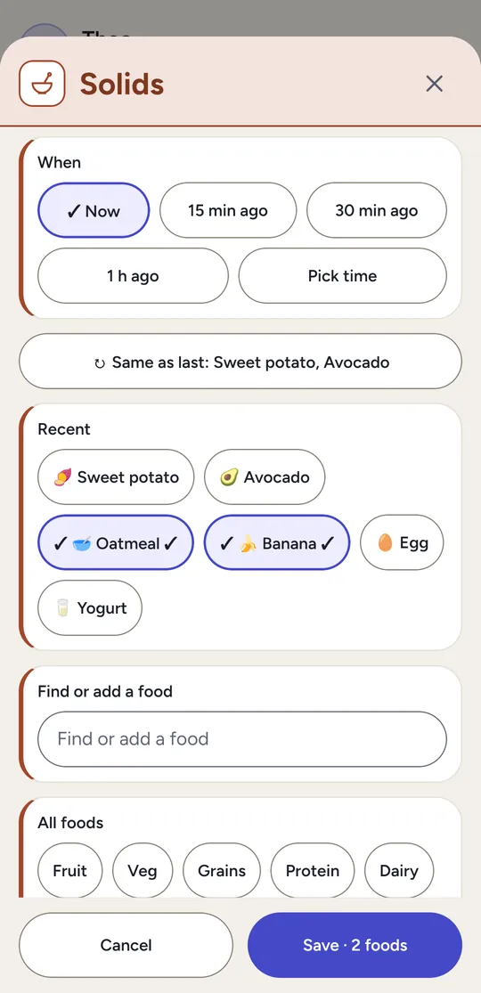 Logging a meal: recent foods such as sweet potato, avocado, oatmeal and banana, with Oatmeal and Banana chosen, and a button to save two foods.