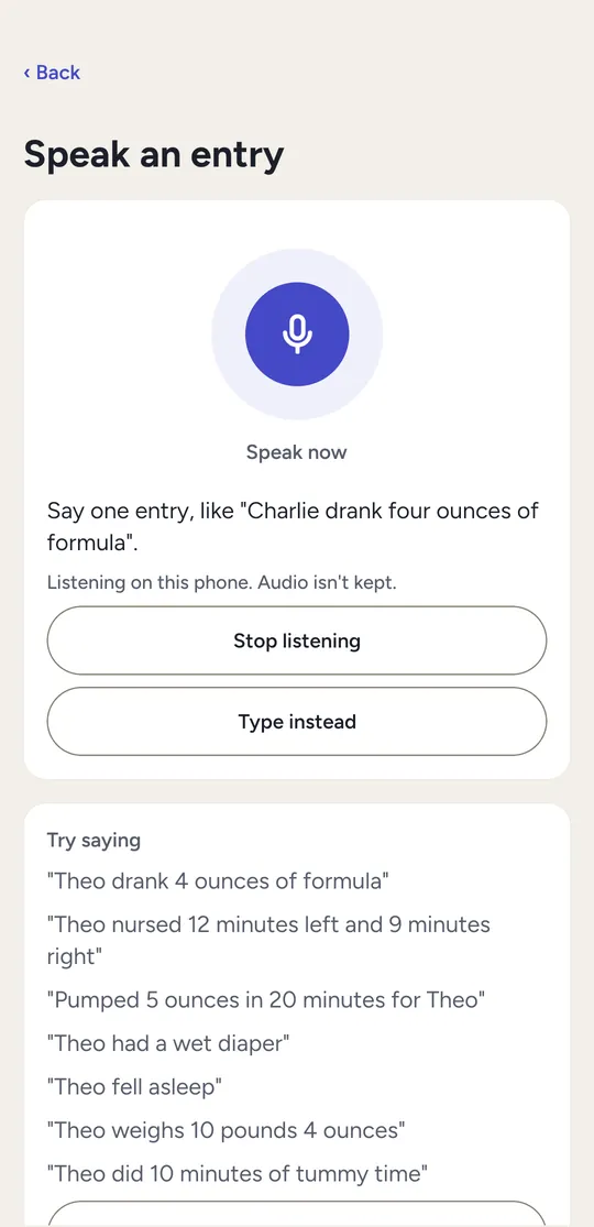 Speak an entry: the phone is listening, with a note that it listens on the phone and audio isn't kept, and examples to try for Theo.