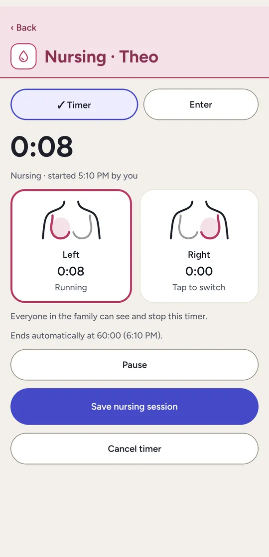 A nursing timer running on the left side, with the note that everyone in the family can see and stop it.