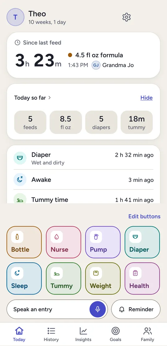 Happy Charlie on a phone: Today for Theo, 3 hours 23 minutes since a 4.5 fl oz formula bottle logged by Grandma Jo, today's totals, recent entries, and a button for each activity.