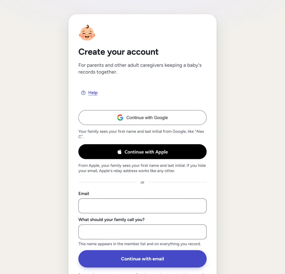 The web sign-in page: Create your account with Continue with Google, Continue with Apple, or email.