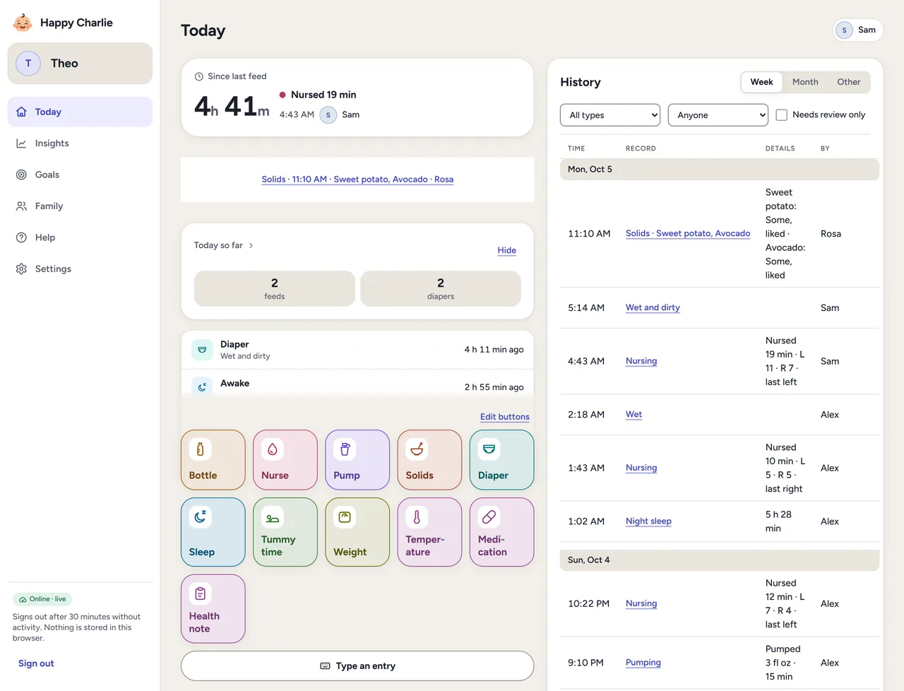 Happy Charlie on the web: Today for a baby named Theo, with the time since the last feed, today's totals, buttons for each activity, and the week's history with who logged each entry.